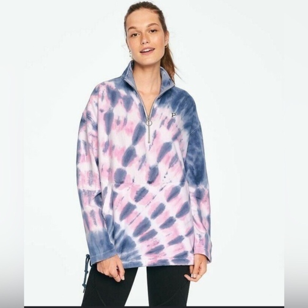 Victoria's Secret Pink Blue Tie Dye Premium College Quarter Zip Sweatshirt